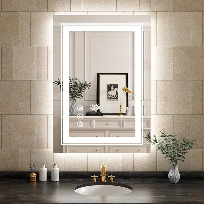 WTTY LED Bathroom Mirror 20"x 28" with Backlit and Front Light,Dimmable LED Mirror for Bathroom,Anti-Fog Lighted Bathroom Vanity Mirror Modern for Wall,Memory Function,Shatter-Proof