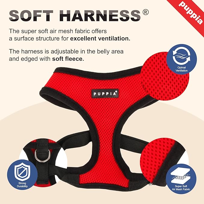 Puppia Soft Dog Harness No Choke Over-The-Head Triple Layered Breathable Mesh Adjustable Chest Belt and Quick-Release Buckle, Black, Large