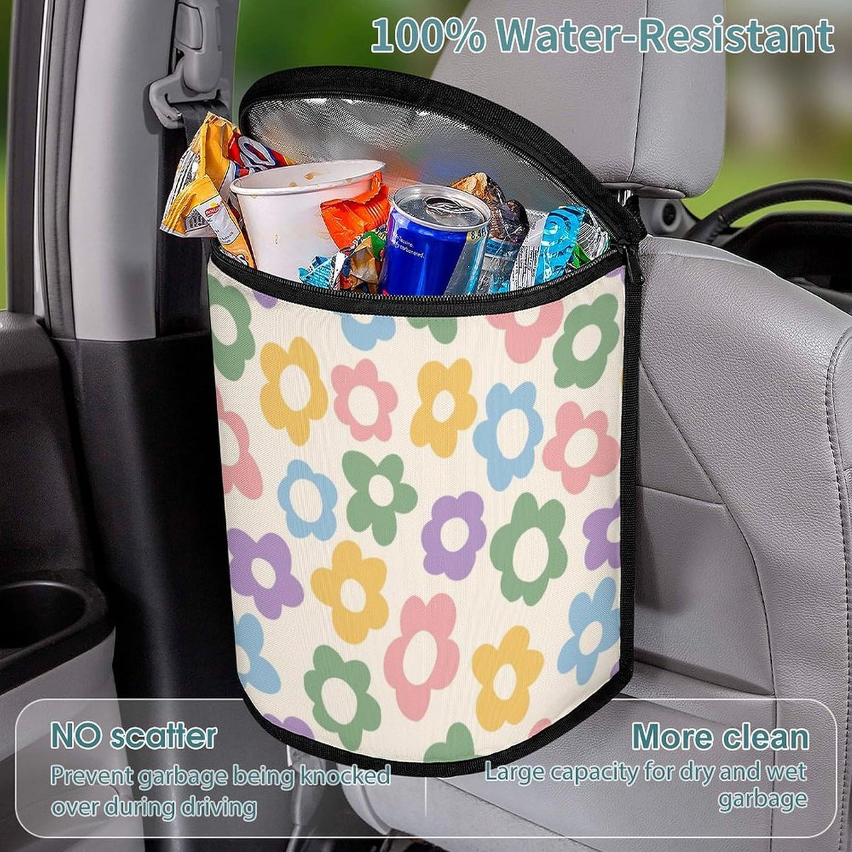 Waterproof Car Trash Can with Lid - 2.3 Gallon Leakproof Floral Auto Garbage Bag, Insulated Vehicle Hanging Organizer Bin, Cute Car Accessories for Women Road Trips (Pastel)