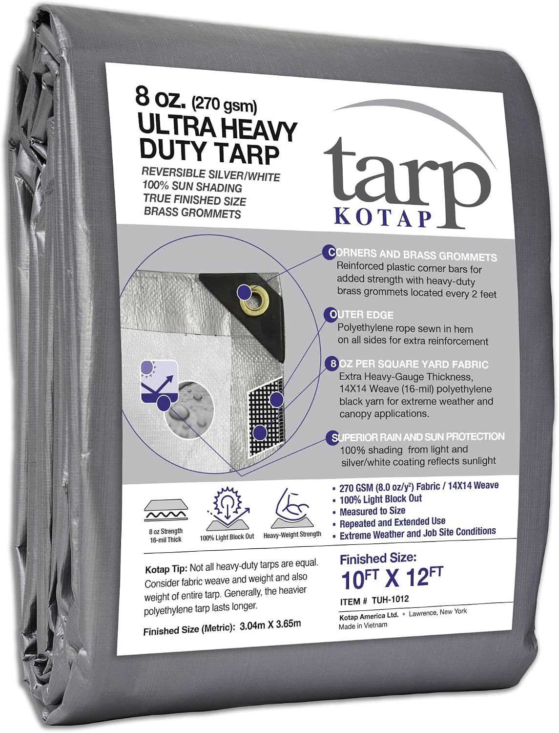Kotap 10 x 12 Ft. Ultra Heavy-Duty Protection/Coverage Tarp, Superior Weave for Greater Longevity, 16-mil, Reversible, Multi-Use, Waterproof, Silver-White, 1-Pack (TUH-1012)