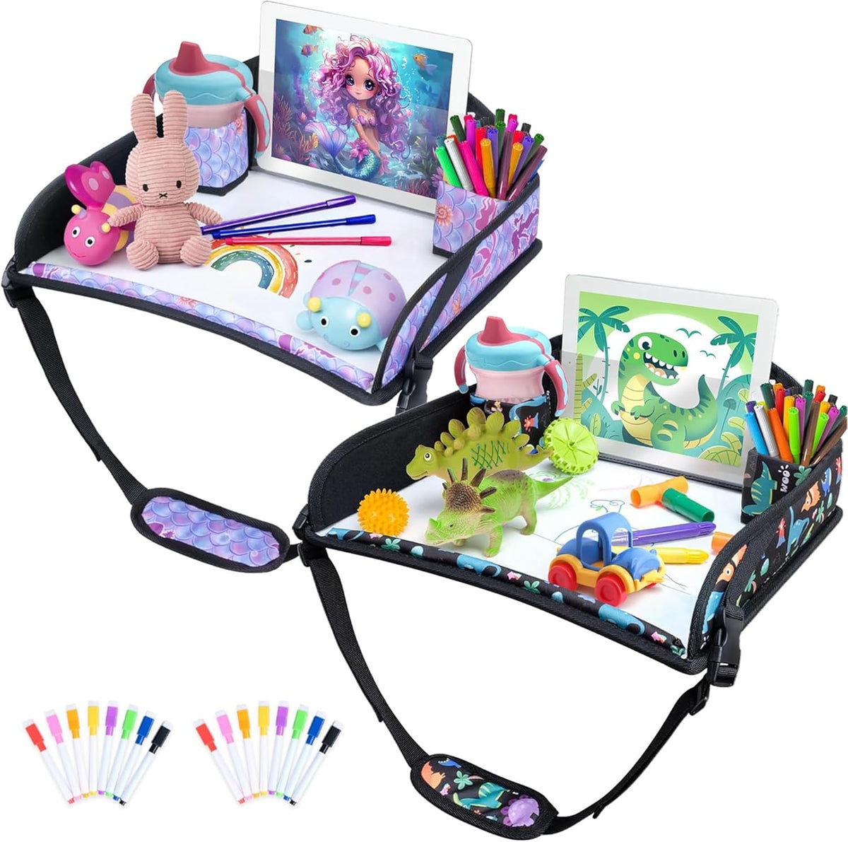 2Pcs Kids Travel Tray for Toddler Carseat, Road Trip Activities Essentials for Toddler, Kids Lap Desk Tray with Tablet Holder Stand ＆ Dry Erase Board (Dinosaur & Mermaid)