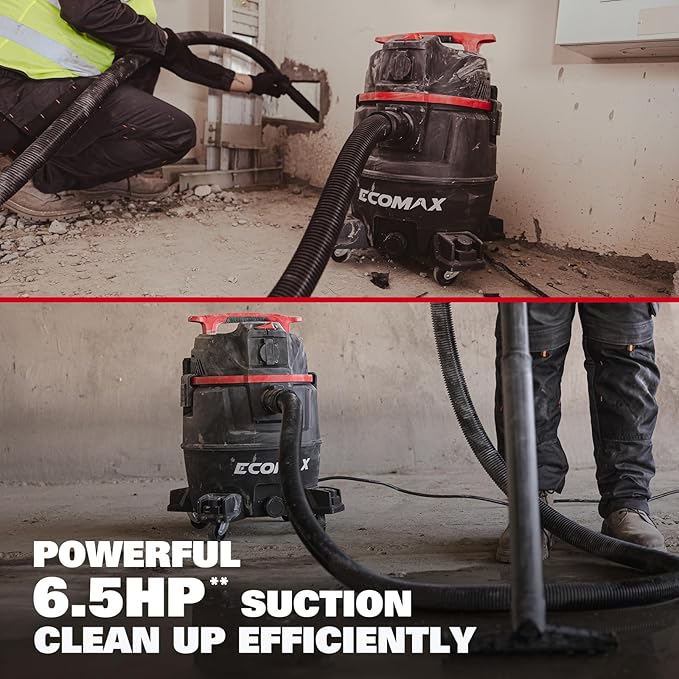 ECOMAX Dust Extractor & Shop Vac 2-in-1, Semi-Automatic Filter Clean, HEPA Filter, 8 Gallon 6.5 HP Wet Dry Vacuum, Anti-Static Hose, Dust-Full Indicator, for Woodworking, Workshop and Garage