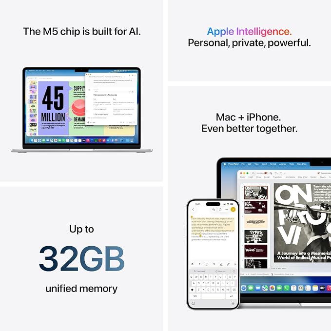 Apple 2026 MacBook Air 13-inch Laptop with M5 chip: Built for AI, 13.6-inch Display, 24GB Unified Memory, 1TB SSD, 12MP Center Stage Camera, Touch ID, Wi-Fi 7; Midnight with AppleCare+ (3 years)