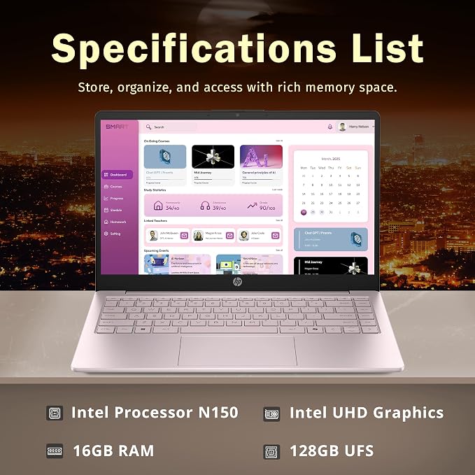 HP Flagship 14" HD Student&Business Laptop, Intel N150 CPU, 16GB RAM, 128GB UFS, Webcam, Bluetooth, Win 11s, Pink (Renewed)
