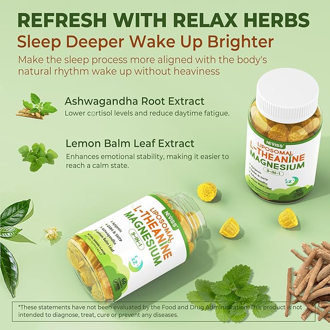 Liposomal L-Theanine 200mg Magnesium Glycinate 400mg Gummies with GABA, 5HTP, Apigenin, Vitamin B6 & D3, Ashwagandha, Lemon Balm Leaf, Melatonin Free Sleep Chewable for Relax Mood & Muscle, 2 Packs