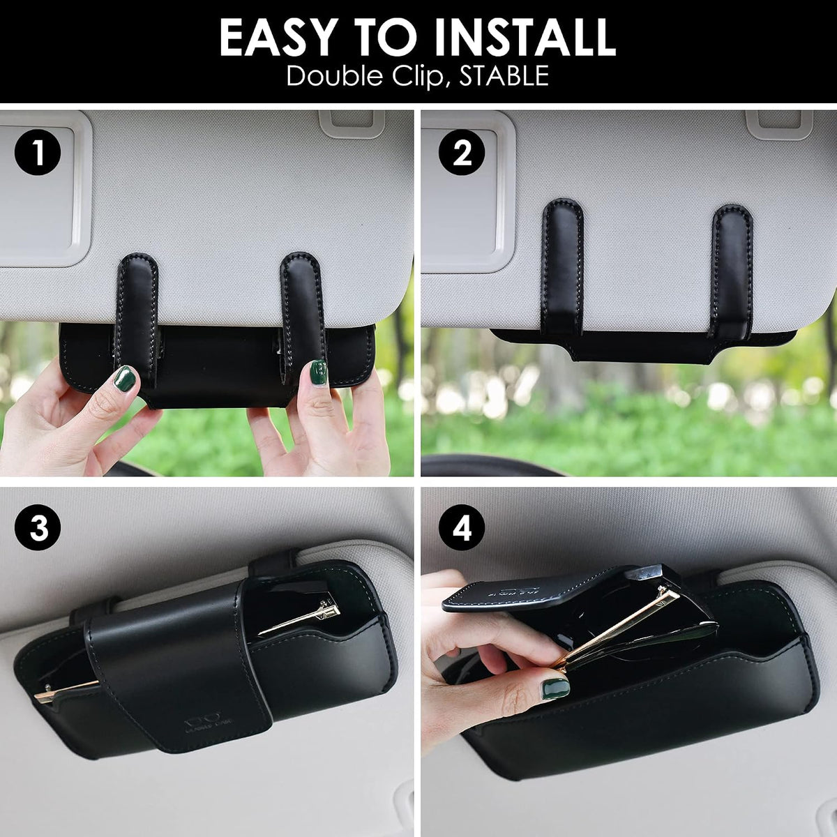 Sunglass Holder for Car Visor, Car Sunglasses Holder Leather, Eyeglasses Holder Glasses Storage Case Visor Accessories