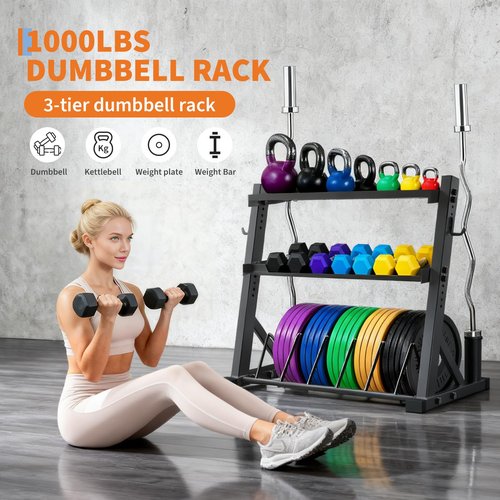 GarveeLife 3 Tier Barbell Storage Racks,1000 LBS Capacity Adjustable Weight Rack for Dumbbell, Kettlebell, Barbell Bar(Q235 Carbon Steel)