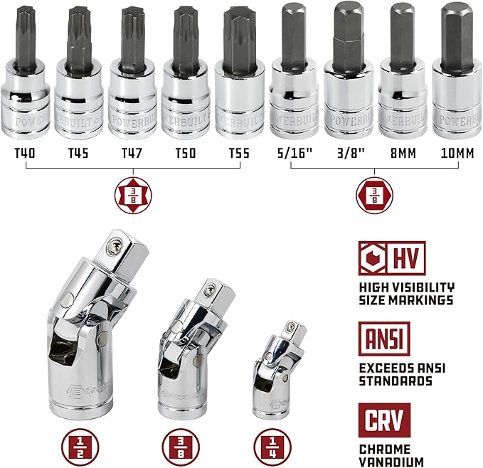Powerbuilt 200 Piece 1/4-inch, 3/8-inch, and 1/2-inch Drive Mechanics Tool Set - with SAE and Metric Socket Set, Powerbuilt XT 90 Tooth Seal-Head Ratchets, including Case - 642472