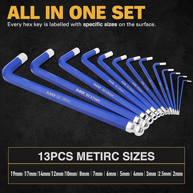 ELEAD Jumbo Hex Key Allen Wrench Set | 13-Piece Metric 2-19mm | Long Ball End Durable S2 | 4" - 13.5" Long | Automotive | Mechanic | Furniture | Professional Grade Tools