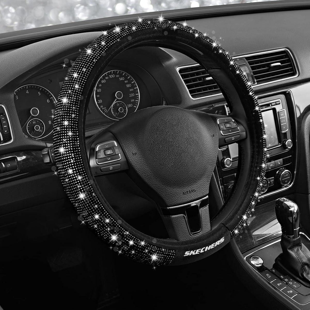 Skechers Women’s Bling Steering Wheel Cover, Velvet with Sparkly Crystal Rhinestones, Stylish Car Interior Gift, Universal Fit 14" 1/2-15" for Cars, SUVs, Trucks, Black Diamond