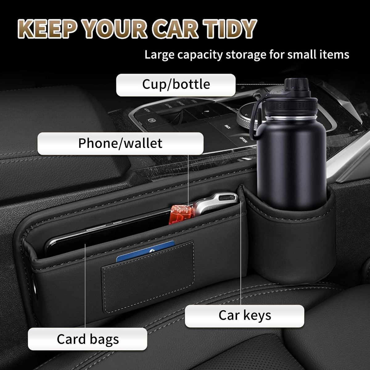 Kwak's Car Seat Gap Filler 2 Pack, PU Leather Organizer with Cup Holder Red | Fits gaps 0.2–1.2 inches| Blocks Dropped Items | Holds Cups Up To 2.8"| Tool-free Install | Easy to Wipe Clean