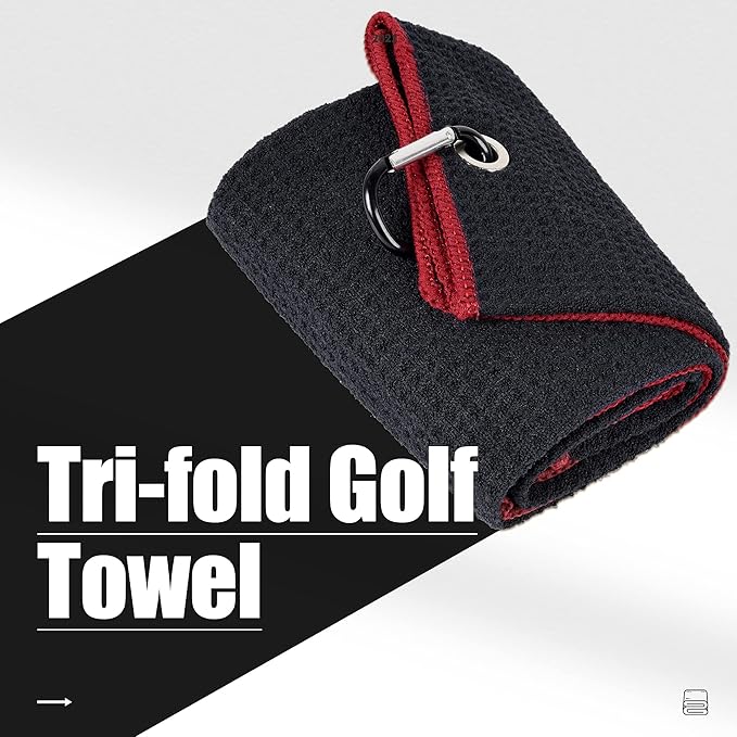 Mile High Life Tri-fold Golf Towel | Premium Microfiber Fabric | Waffle Pattern | with Heavy Duty Carabiner Clip | Golf Towel for Men and Women (Black/Red)
