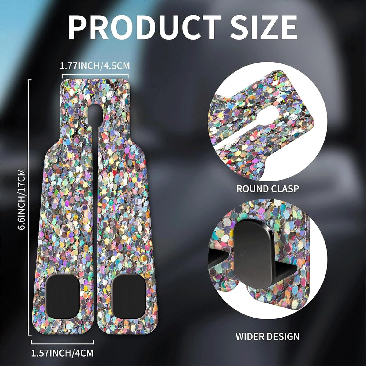 Car Seat Headrest Hook, Universal Leather Cute Hanger Holder Hook, Storage Organizer Interior Accessories for Purse Bags Handbag Glitter Colorful Pattern