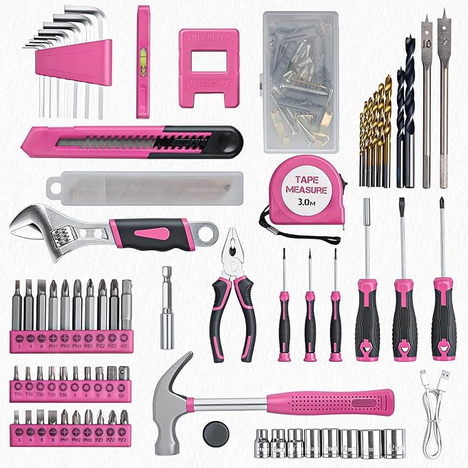 Drill Set for Women, 132 Piece Home Tool Set with 8V Cordless Drill, Tool Kit for Women & Men, Perfect for Homeowner, Diyer, Handyman