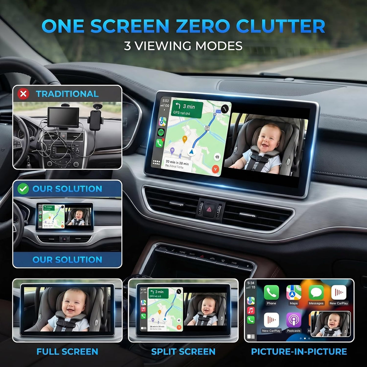 Cabin Care 1080P Baby Car Camera with Wireless CarPlay Adapter for iPhone Only, Real-Time Rear Seat Monitor, 150° Wide-Angle, IR Night Vision, Works with Factory Wired CarPlay (Dog)