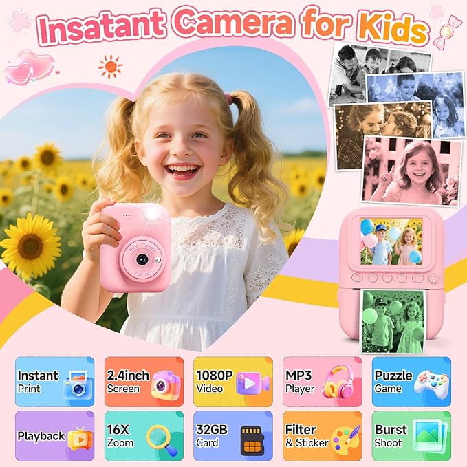 Kids Camera Instant Print, 1080P Digital Instant Print Cameras
