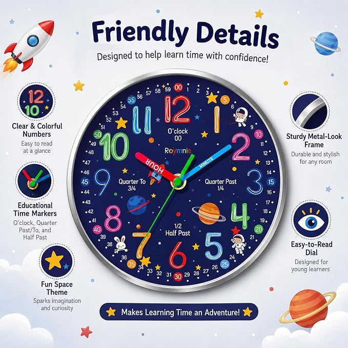 Roymnie Wall Clock Learning to Tell Time Easily Non Ticking Battery Operated