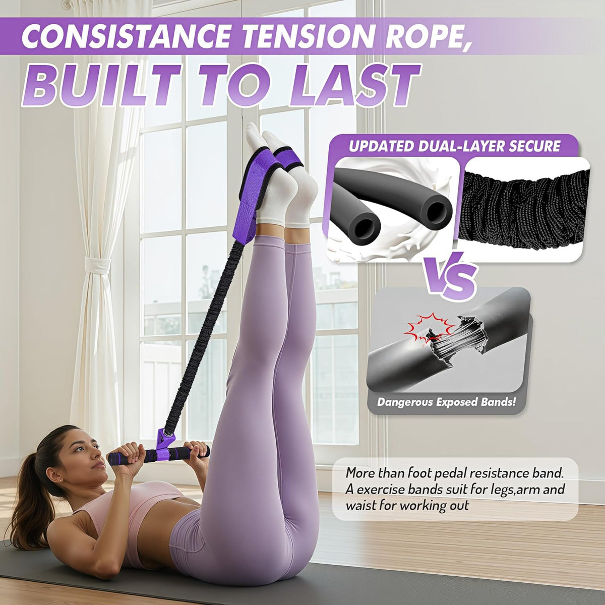 Pedal Resistance Band with Handle - Upgraded 55LBS Exercise Bands for Core, Abs, Legs & Arms