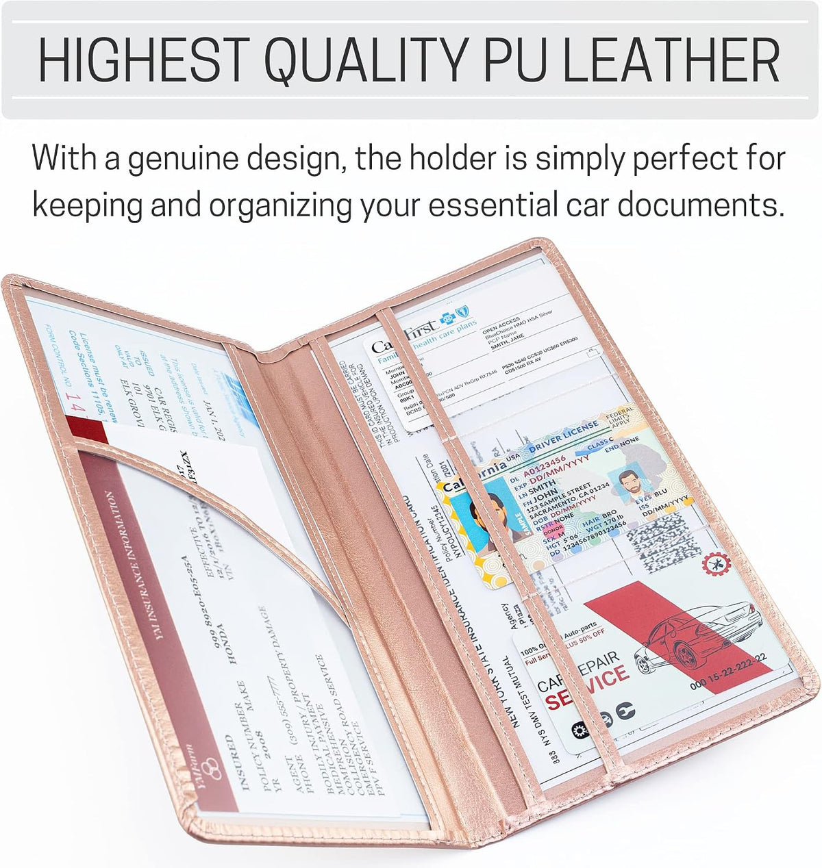 CANOPUS Car Registration and Insurance Holder, PU Leather Card Holder, Vehicle Glove Box Organizer for Auto, SUV, Truck, Rose Gold