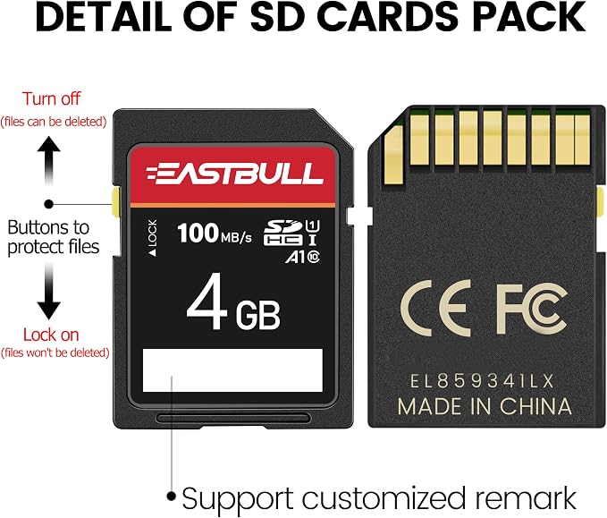 EASTBULL 5-Pack of SD Card 4GB Class 10 SD Card U1 V30 High-Speed 100MB/s Read