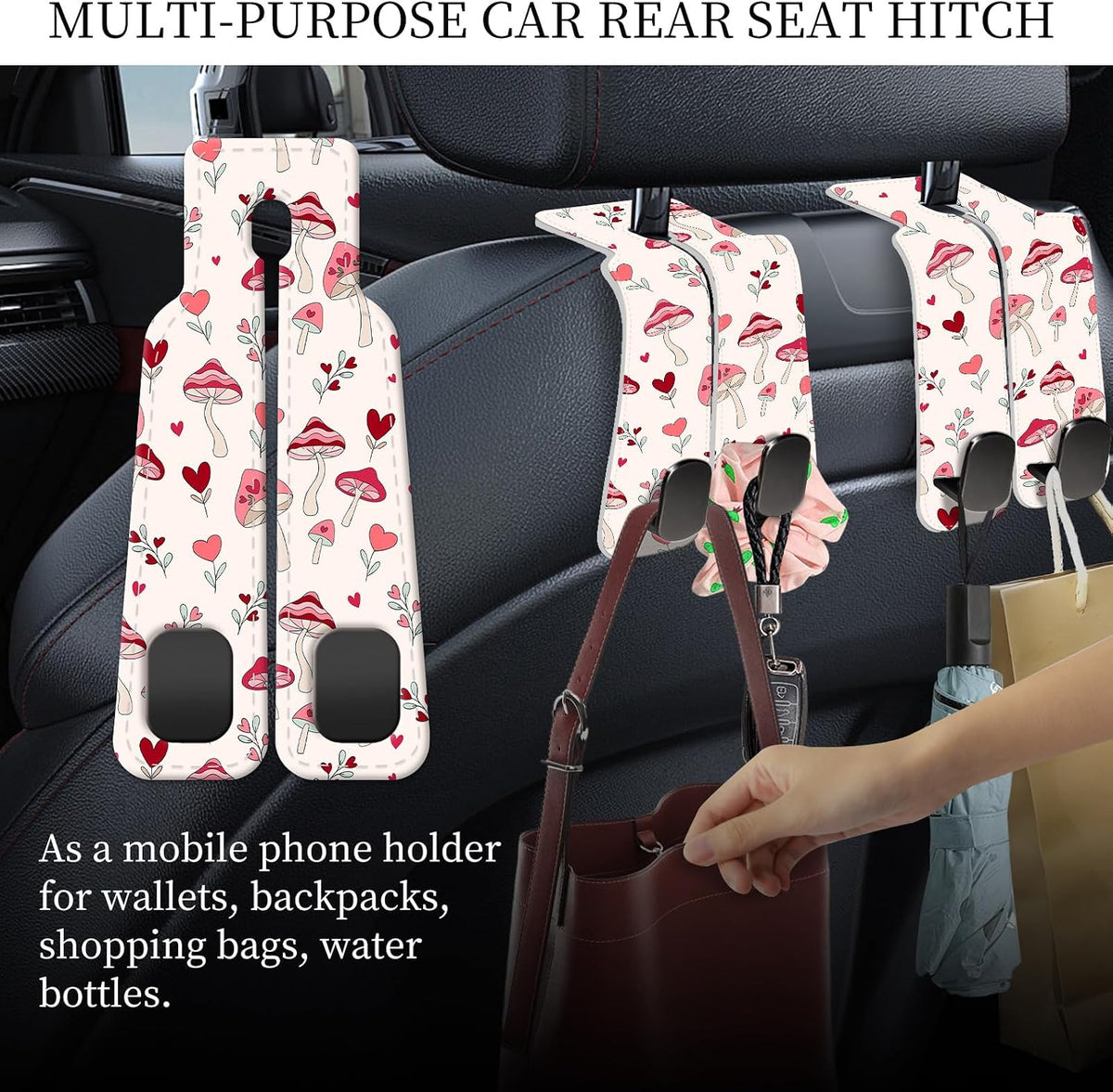 PU Leather Car Seat Hook, Storage Headrest Hanger, Cute Car Backseat Organizer, Car Hooks For Purses and Bags Cute Pink Mushroom