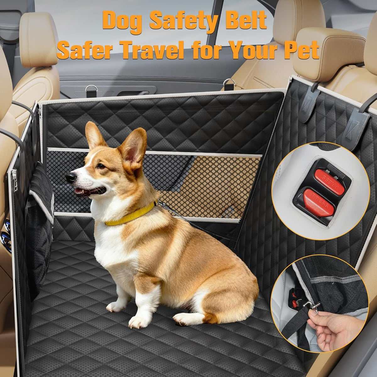 PETICON Dog Car Seat for Large Medium Dogs, One-Piece Hard Bottom Back Seat Extender for Dogs with 2 Mesh Windows, Waterproof Pet Carseat with Storage Pocket for Cars, SUVs and Trucks