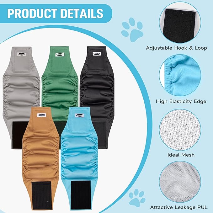 Dog Diapers - High Absorbing Belly Bands for Dogs (Washable, Reusable 5 Pack)