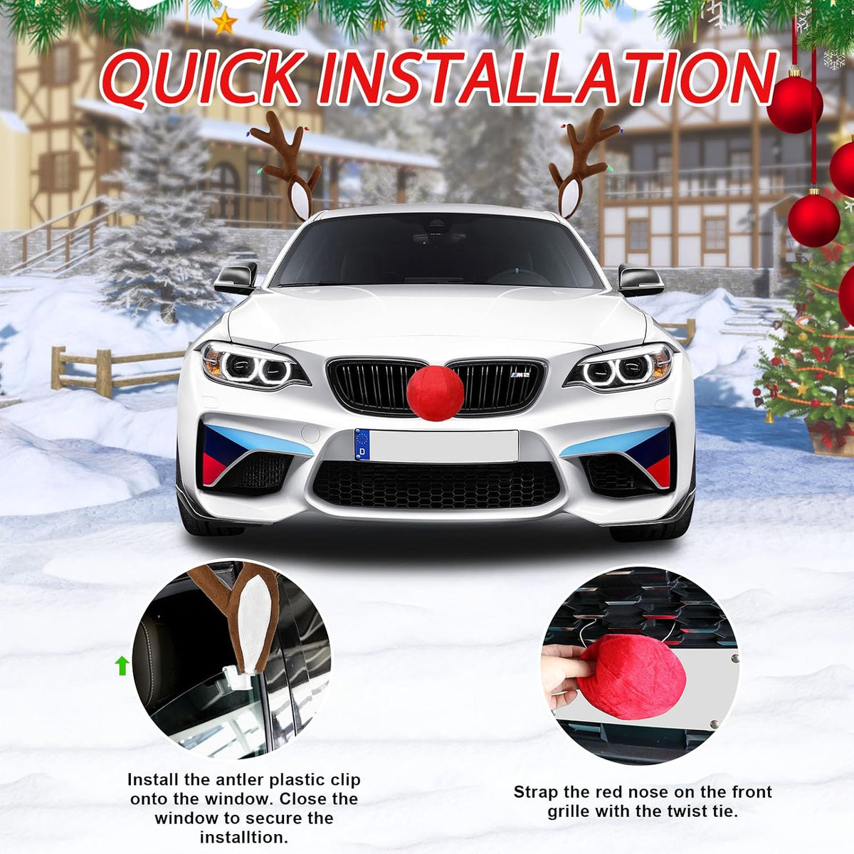 Christmas Car Reindeer Antlers with Ears and Nose - Festive Plush Antler Kit with Hanging Light - Universal Fit Rudolph Holiday Decoration for Car Window SUV Truck Xmas Gift