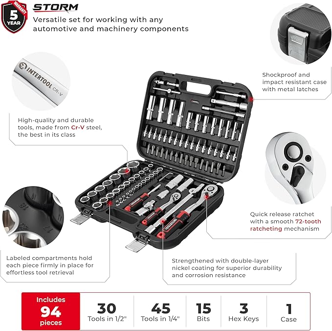 INTERTOOL Metric Socket Set 1/4” & 1/2” Drive 94-Piece 4-27 mm - for Auto Mechanics & DIY - Quick Release Ratchets, Socket Bits, Adapters, Hard Case - Tool Gift - ET08-8094