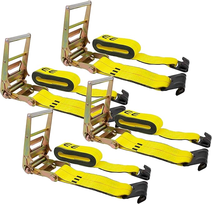 Mytee Products 4" x 30' Ratchet Tie Down Straps w/Flat Hook Extreme, 6,670 Lbs WLL Tie Down for Flatbed Truck Trailer (4 - Pack) Yellow