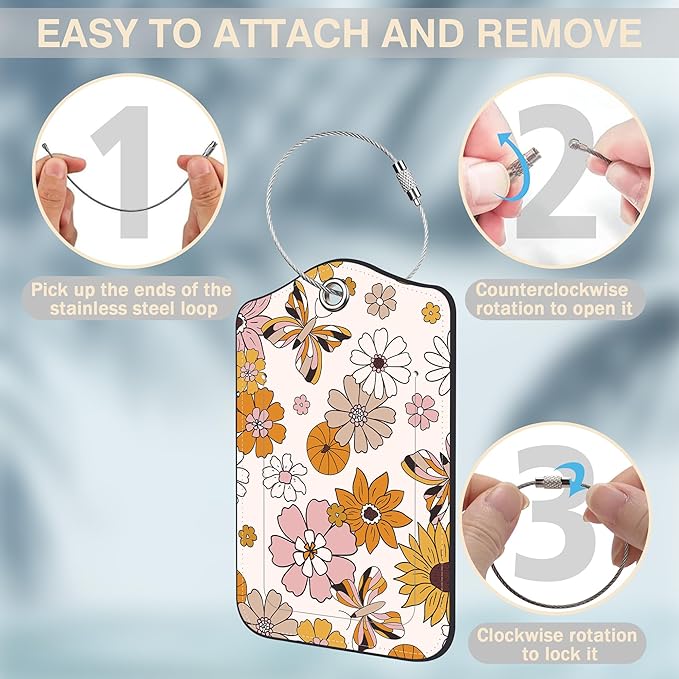 2 Pack Luggage Tags for Suitcases Retro Groovy Flowers and Butterfly Leather Luggage Tags Privacy Cover ID Label with Stainless Steel Loop and Address Card for Women Men Travel Bag Backpack