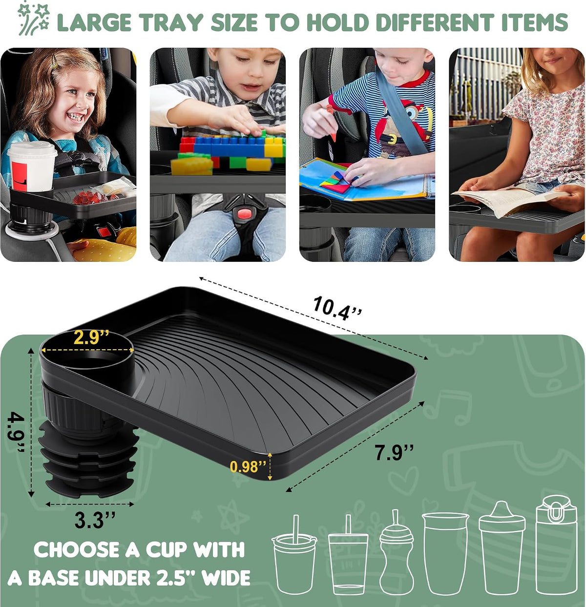 2 Pack Car Seat Tray for Kids Fits 2.8'-3.2'Cup Holders (2, Standard Base)