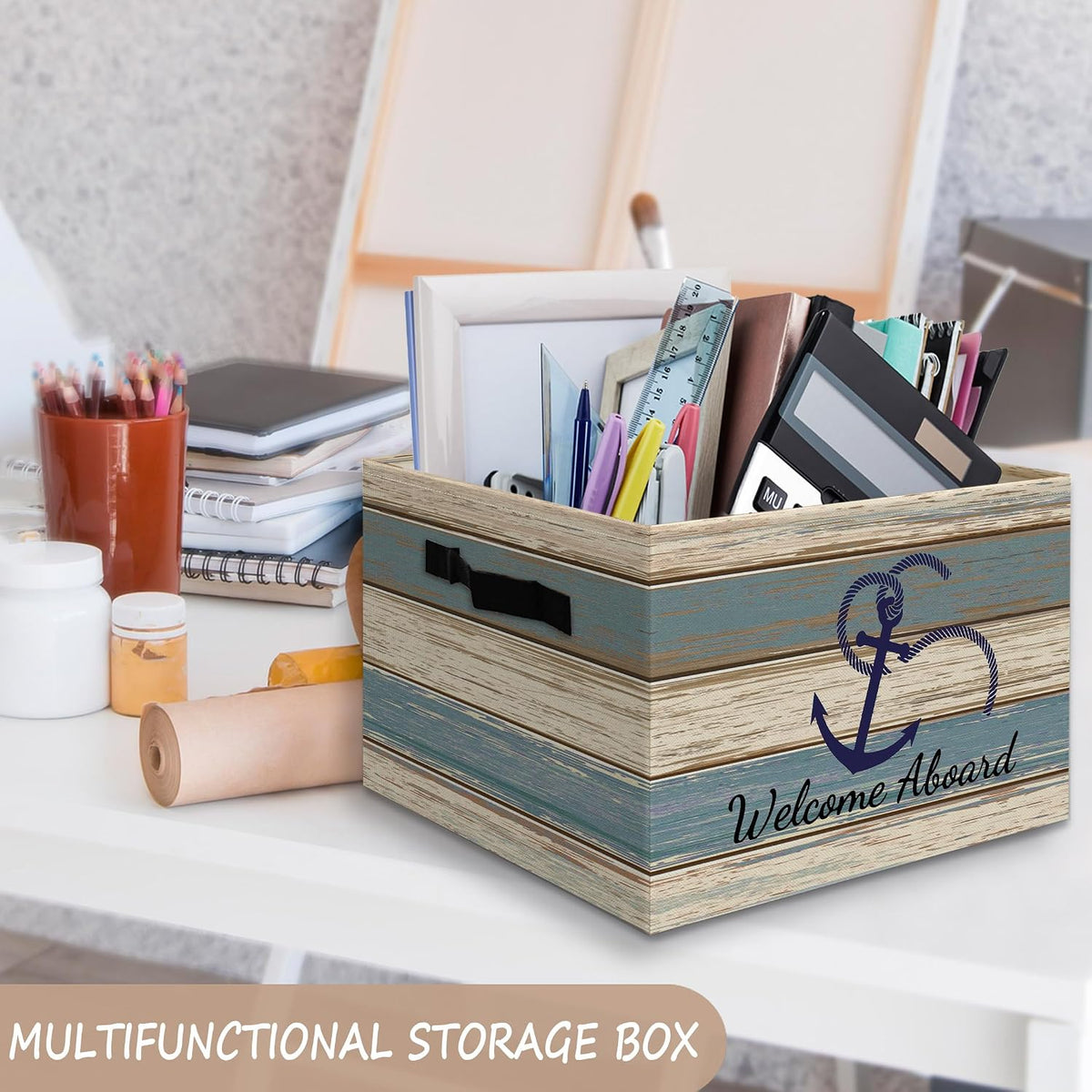 Vintage Nautical Anchor Foldable Storage Bins Box with Handles, Welcome Aboard Ocean Collapsible Organizer Basket for Home Bedroom Bathroom Clothes Toys Books