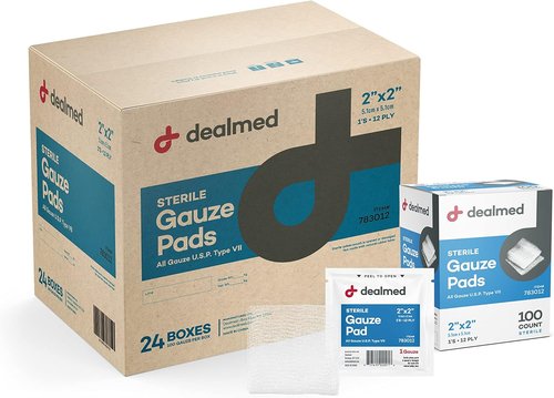 Dealmed Sterile Gauze Pads - 2" x 2" Disposable & Individually Wrapped (100 Count) for First Aid Kits