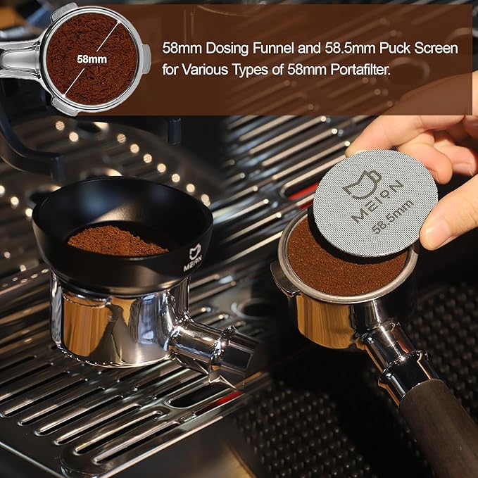 MEION Espresso Dosing Funnel and Puck Screen Set, Magnetic Coffee Funnel, Reusable Espresso Puck Screen, Espresso Tools Espresso Accessories (Black, 58mm)