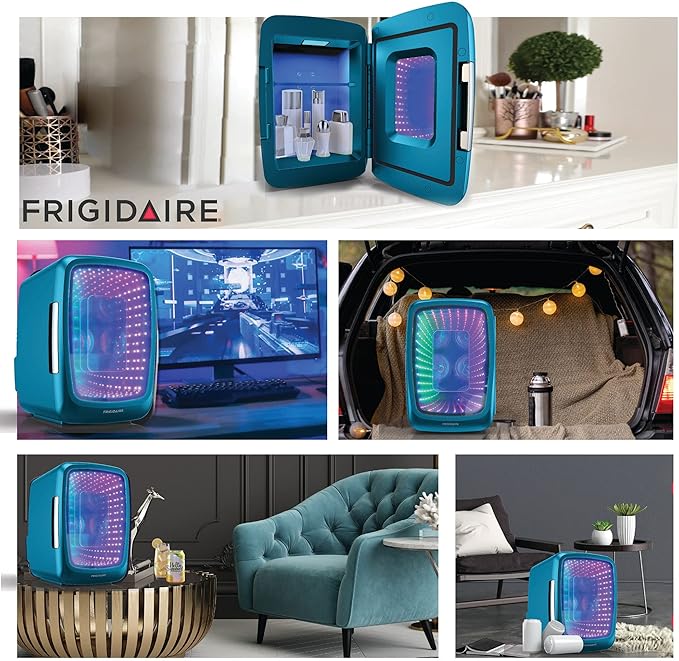 Frigidaire Gaming Light Up Mini Beverage Refrigerator, 6 can, 4 liters, Cooler with large see through door and LED lights Perfect for Gaming Experience, Home, Office, or Cars.12V Charger (Blue)