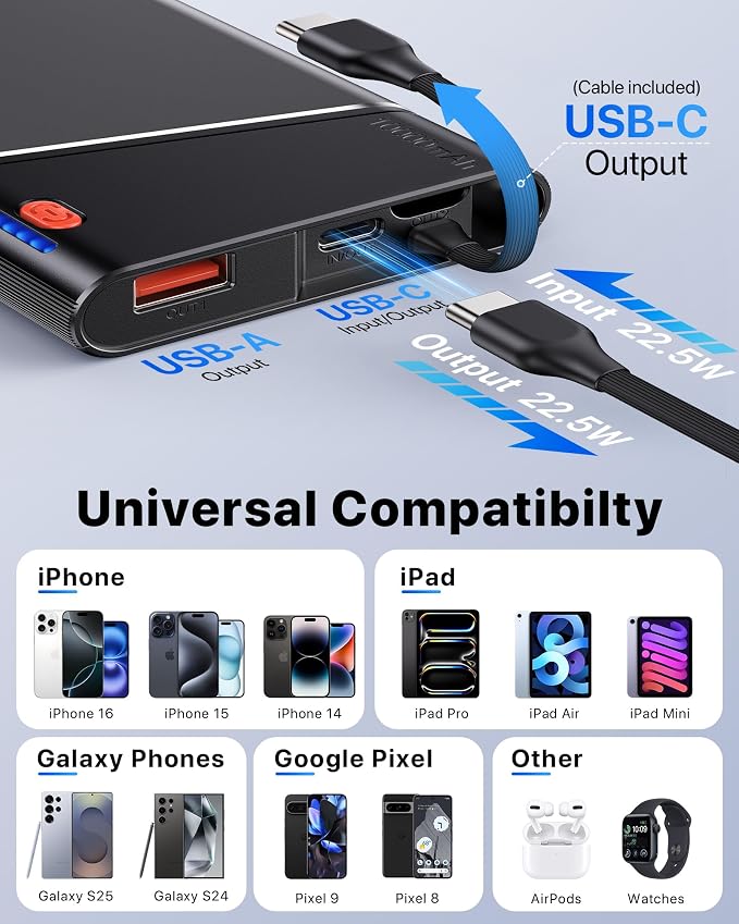 Aaoyun Portable Charger Power Bank, 10000mAh 22.5W PD Fast Charging Powerbank with Built-in USB C Cable, Slim External Phone Battery Pack for iPhone 17/16/15 Samsung S24 Android etc (Grey)