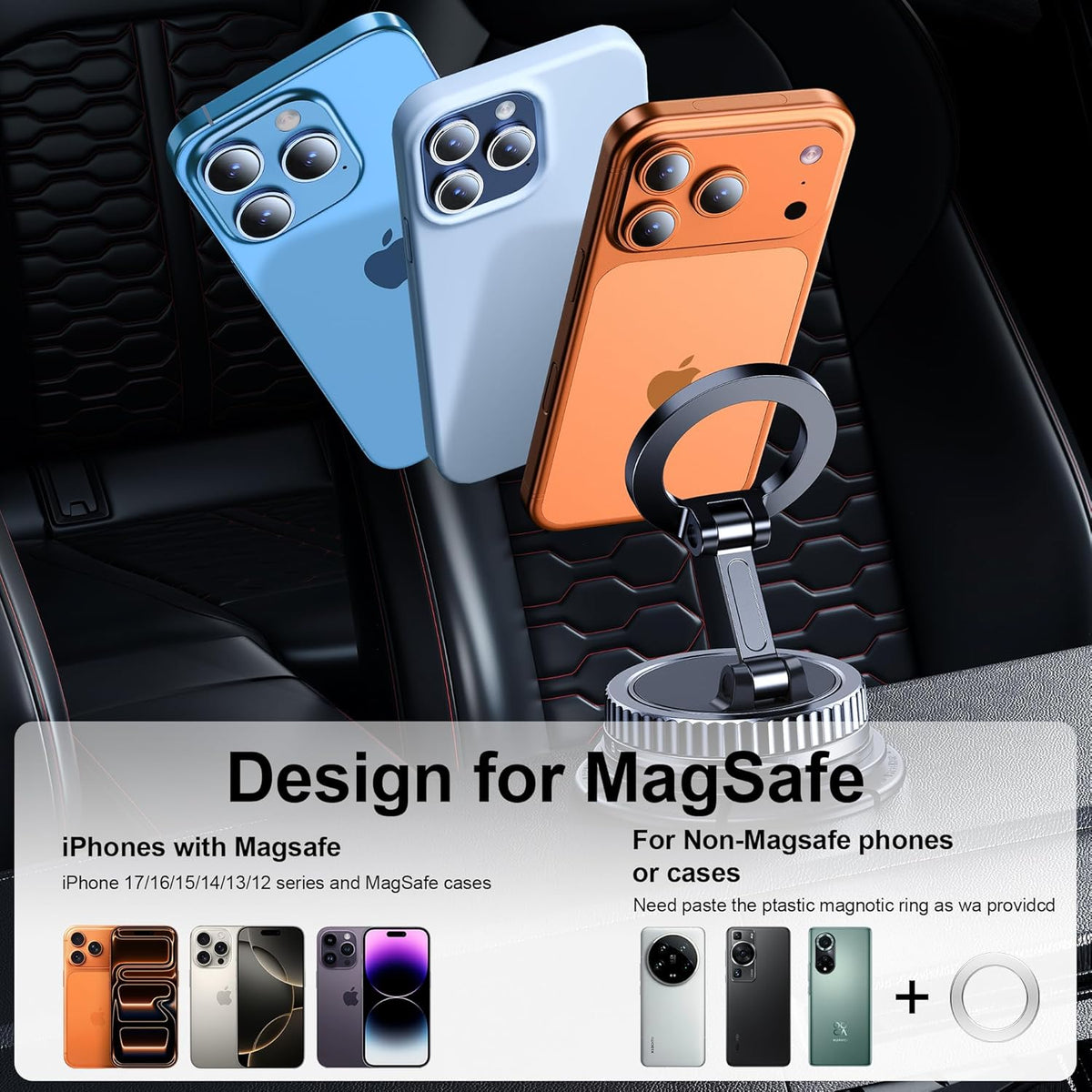 Car Phone Holder for Magsafe [2026 89+LBS Suction & 3700gf Magnetic] 360° Adjustable Cell Phone Mount, Phone Holders for Your Car Dashboard Windshield Camera for iPhone 17-12