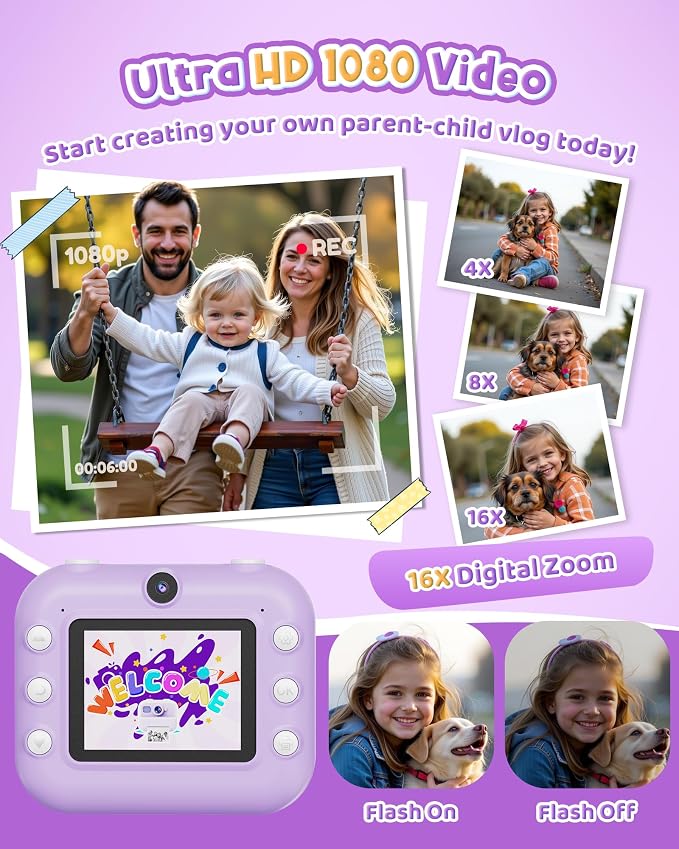 Instant Camera, Front Rear Dual Selfie Kids Camera