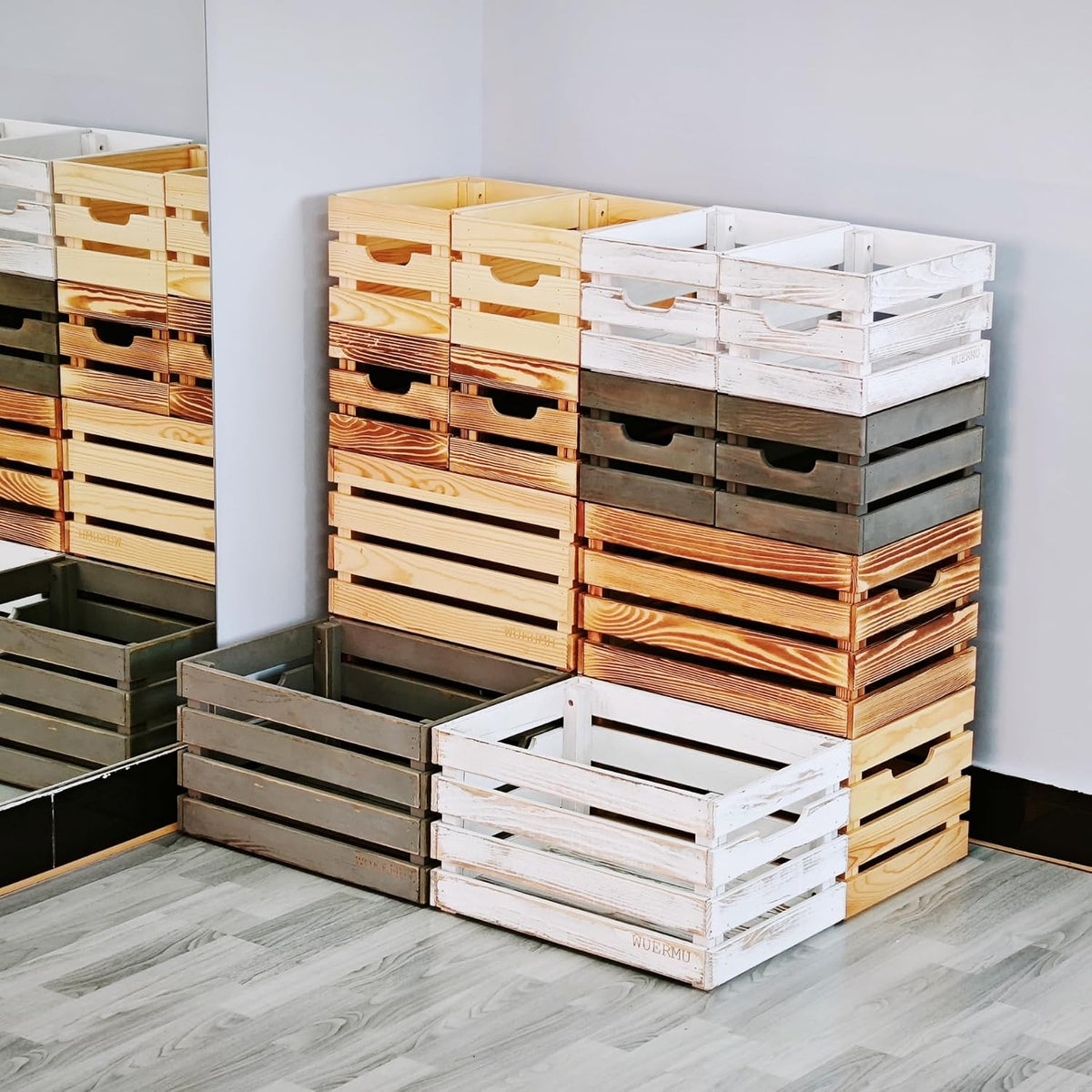 Flame-Treated Wood Crates, Rustic Brown Storage Boxes Set of 4 for Organization, Tool Storage, Wine or Camping, 12.2 Inch Multi-Purpose Crate.