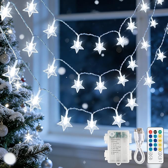 Star String Lights Battery&USB Powered,16.4FT 50LED Star Fairy Lights with Remote, Hanging Star Lights for Home, Kids Tent, Bedroom,Porch, Classroom, Christmas,Party,Room Decor,White