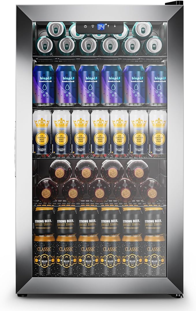 3.1 Cuft Beverage Fridge, 130 Can Mini Fridge, Glass Door, 34-64°F, Silver | LED Interior Light, Adjustable Removable Shelves, Freestanding for Bedroom, Office & Bar
