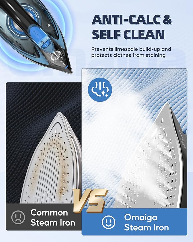 Steam Iron for Clothes, 1750W Clothes Iron Rapid Heating, Non-Stick Ceramic Soleplate, 3-Way Auto-Off, 15.21oz Water Tank, Self-Cleaning, Anti-Drip, Anti-calc Ironing Clothes for Home, Blue