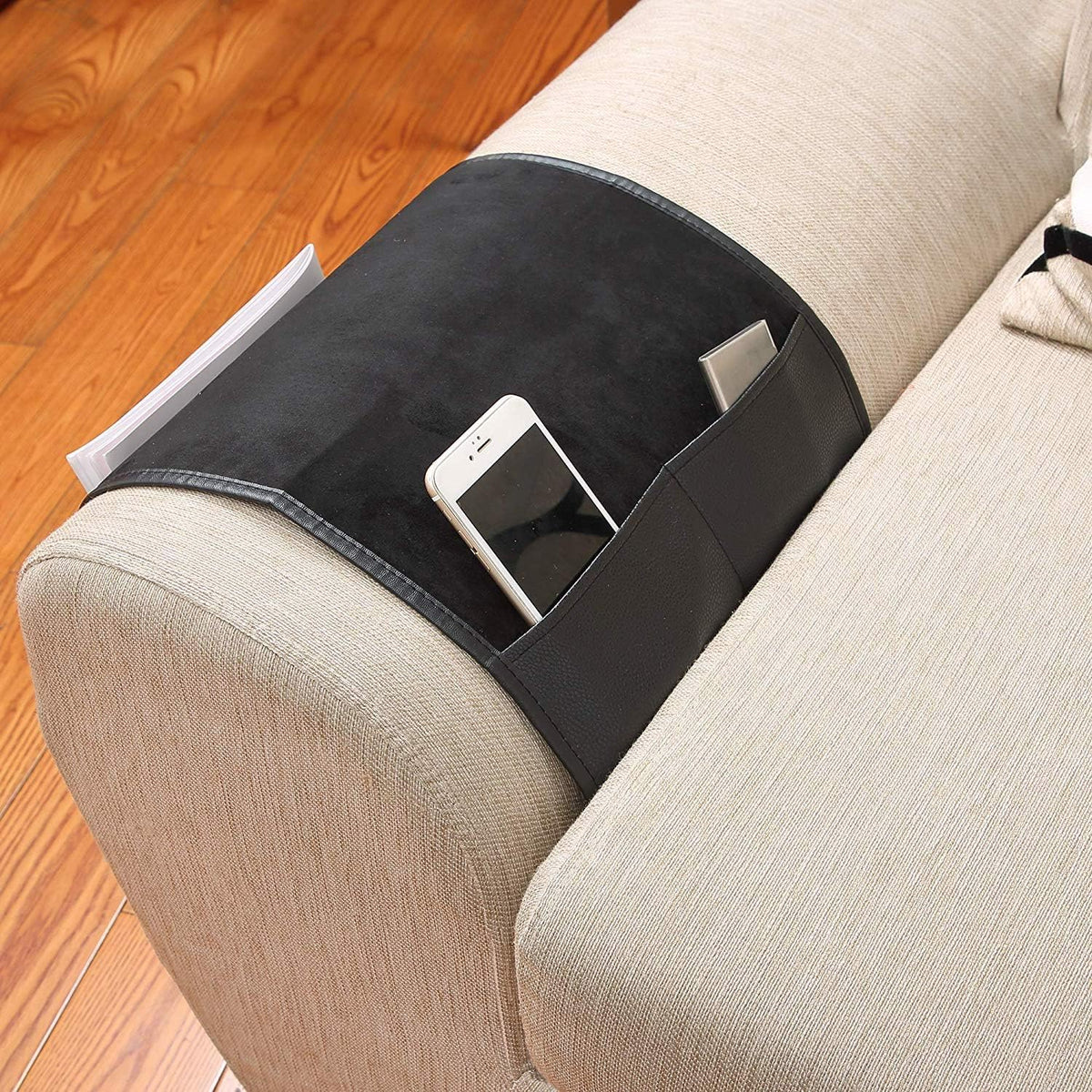 IPENNY No-slip Leather Sofa Couch Remote Control Holder Chair Armrest Caddy Pocket Organizer Storage Bag for Cellphone Tablet Notepad Book Magazines DVD Eyewears Drinker Snacks Holder Pouch
