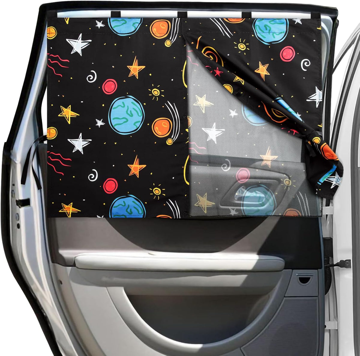 Car Window Shades, 2 Packs Magnetic Car Sun Shades for Baby, 2 Layers for Blackout/See Through Options Colorful Starry Pattern Side Window Curtain for Kids Heat/UV Blocker