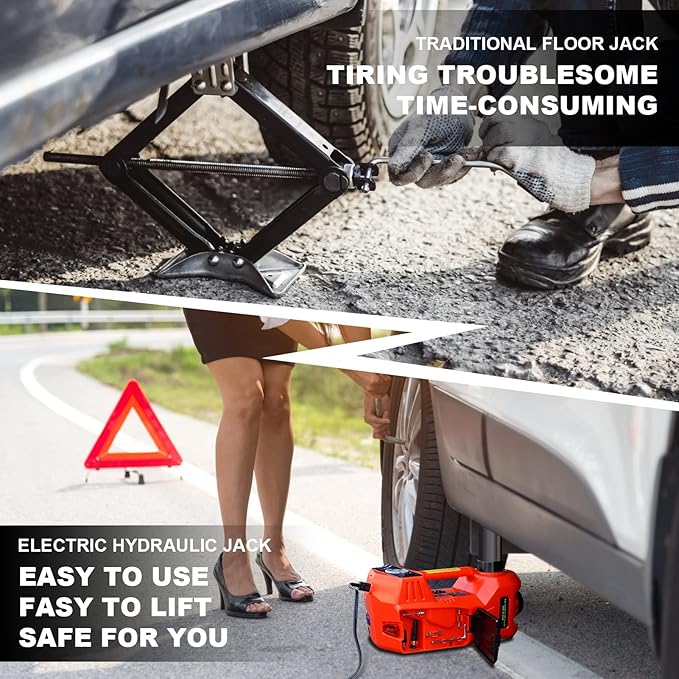 TYAYT 5 Ton Electric Hydraulic Car Jack Kit, Portable with LED Light, Compatible with Car, SUV, Truck, Lifting Range 6-17.7 Inches (Red)