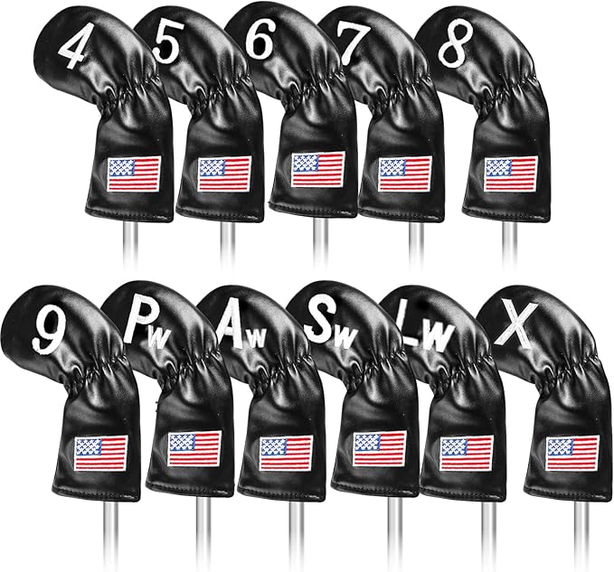 Golf Iron Covers Set US Flag Leather for Irons Value 11 Pack, Long Neck Protector Number Headcover, Universal Head Cover Fit Main Iron Clubs for Men Women Golfer