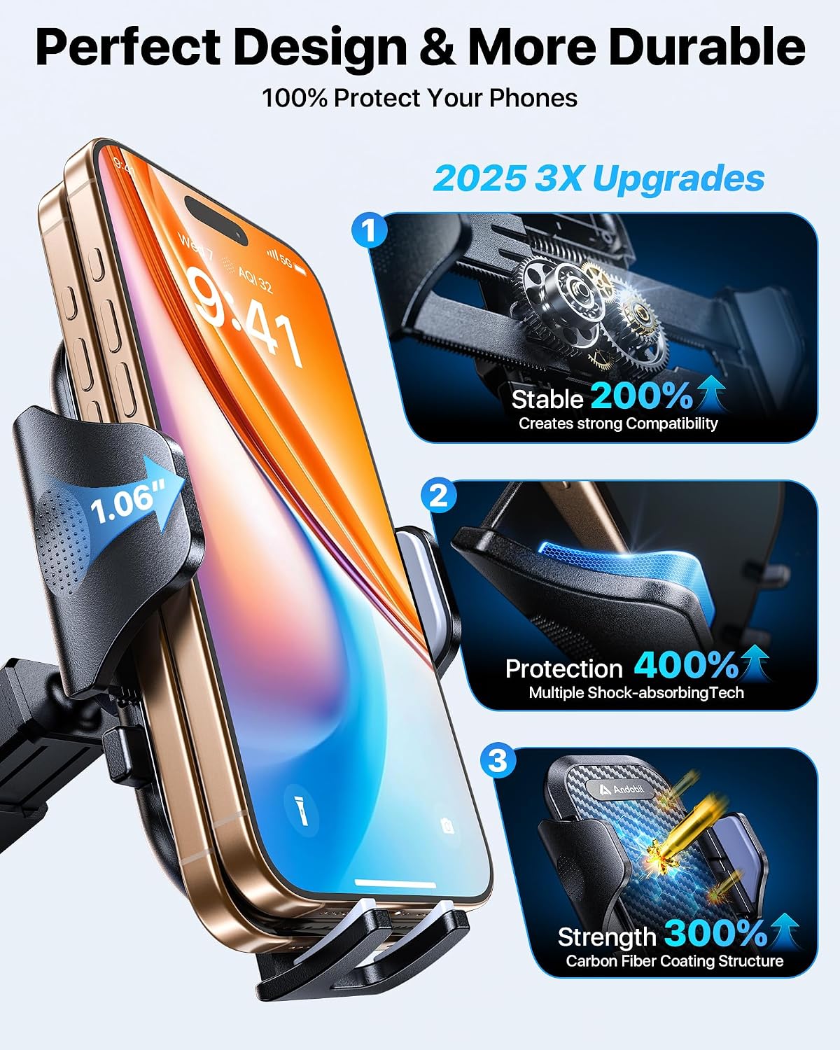 andobil Military-Grade Phone Holders for Your Car 【89+ LBS Strongest Suction & Metal Clip】 2026 Ultimate Car Phone Holder, Dashboard Windshield Vent Cell Phone Car Mount for iPhone Sumsung Android
