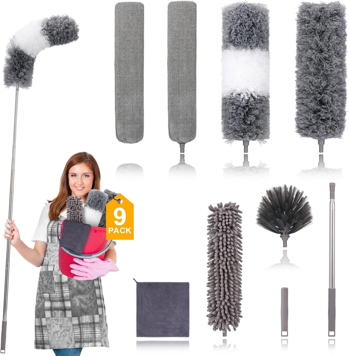 Microfiber Duster for Cleaning Fan, High Ceiling, Blinds, Furniture, Cars , 9PCS Extendable Feather Duster (Stainless Steel) 30 to 100 Inches, Reusable Bendable Washable