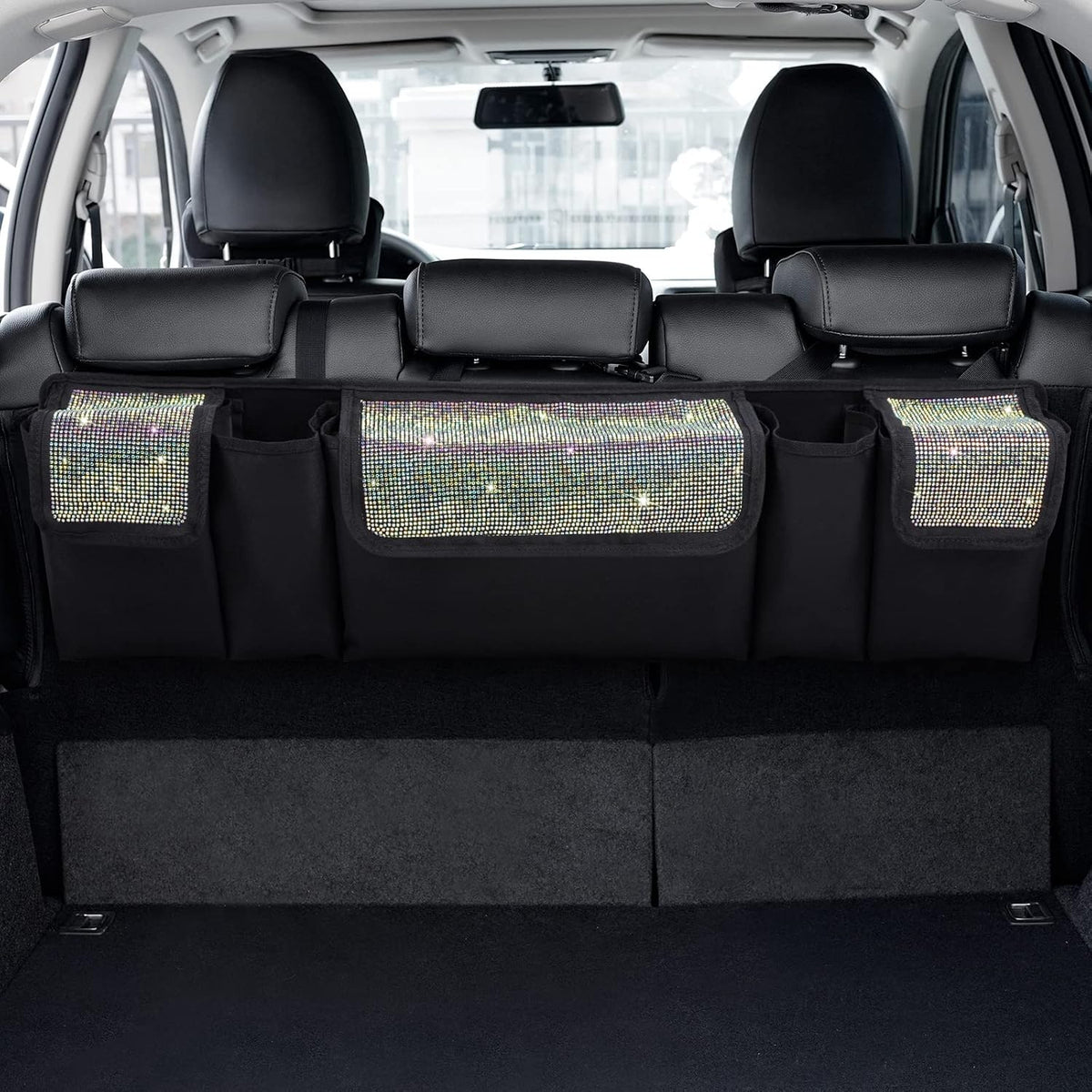 eing Car Trunk Organizer and Storage, Backseat Hanging Organizer for SUV, Truck, MPV, Waterproof, Collapsible Cargo Storage Bag with 5 Pockets, Bling Car Interior Accessories for Women,White